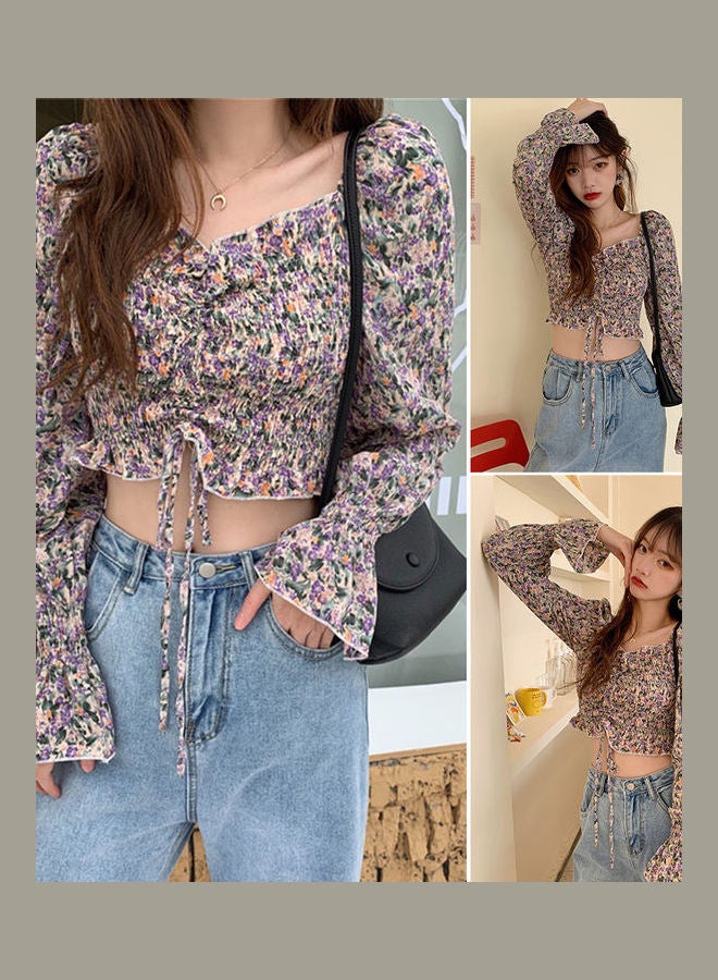 Drawstring Flare Long Sleeve Floral V Neck Top Purple - Image 3