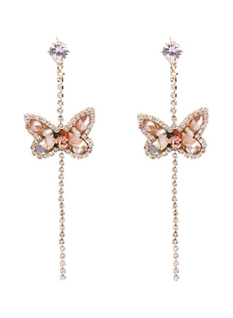 Diamond Crystal Pearl Butterfly Long Earrings