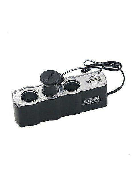 USB Car Charger Adapter With Triple Lighter Socket Black/Silver