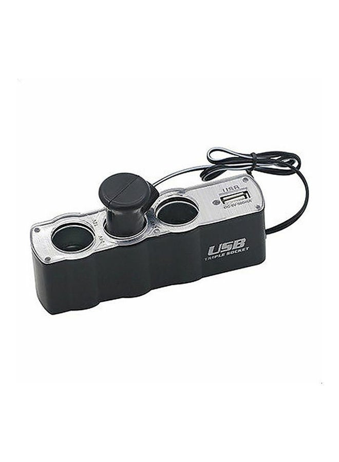 USB Car Charger Adapter With Triple Lighter Socket Black/Silver
