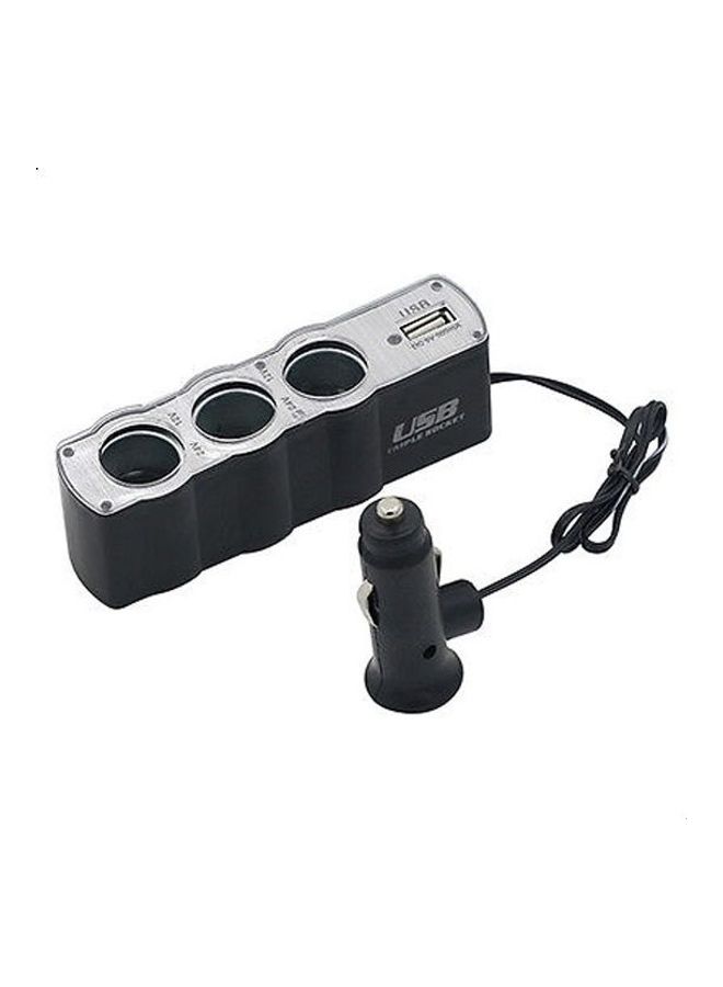 USB Car Charger Adapter With Triple Lighter Socket Black/Silver