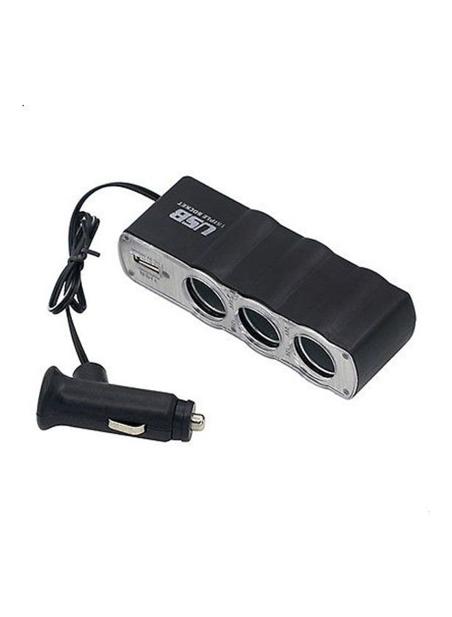 USB Car Charger Adapter With Triple Lighter Socket Black/Silver