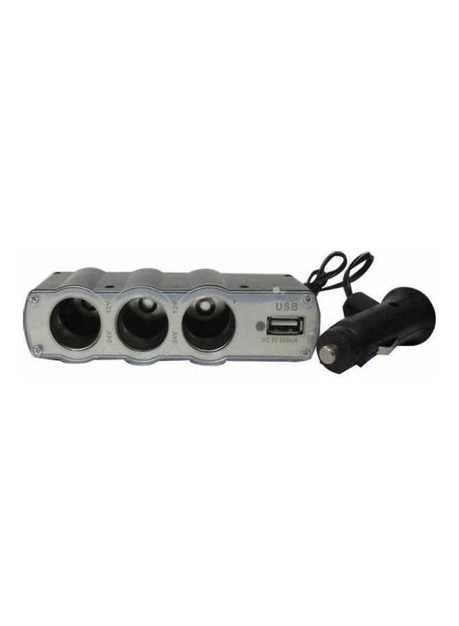 Ama USB Car Charger Adapter With Triple Lighter Socket Silver/Black  - Image 1
