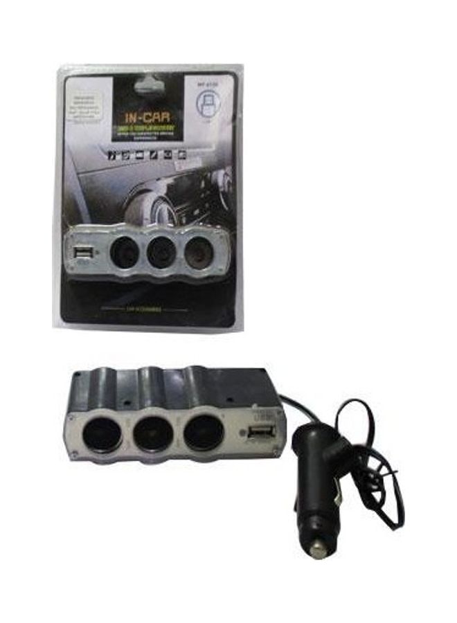 Ama USB Car Charger Adapter With Triple Lighter Socket Silver/Black  - Image 2