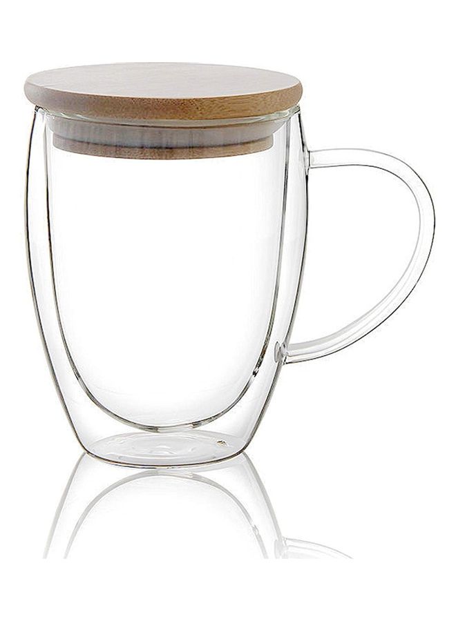 Lushh - Double Walled Glass Coffee Cups with Handle and  Bamboo Lid Clear 350ml - Image 1