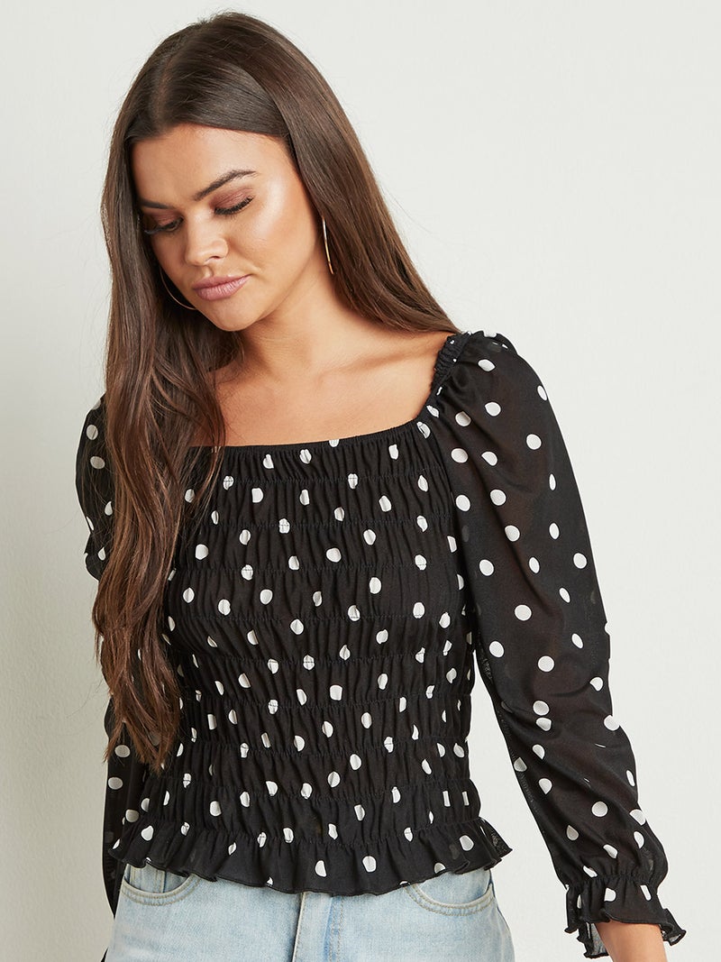 Closet - Polka Dot Shirred Detail Top Black/White - Image 1