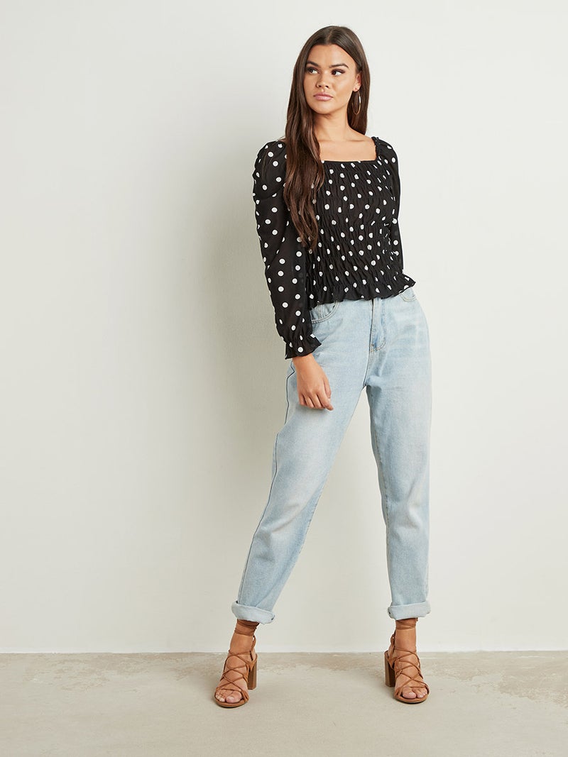 Closet - Polka Dot Shirred Detail Top Black/White - Image 1