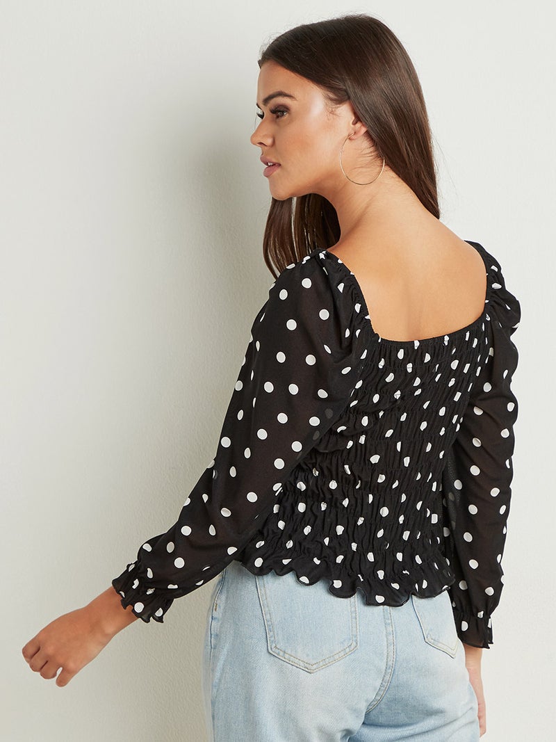 Closet - Polka Dot Shirred Detail Top Black/White - Image 1