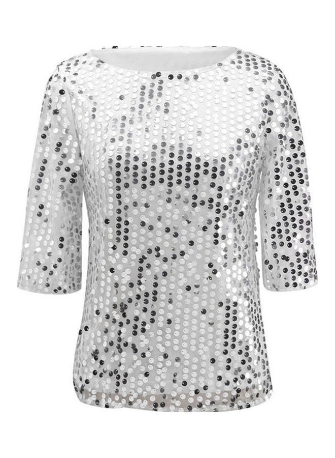 Women Solid Color O Neck Half Sleeve Sequined Blouse Plus Size Cocktail T-shirt White - Image 1