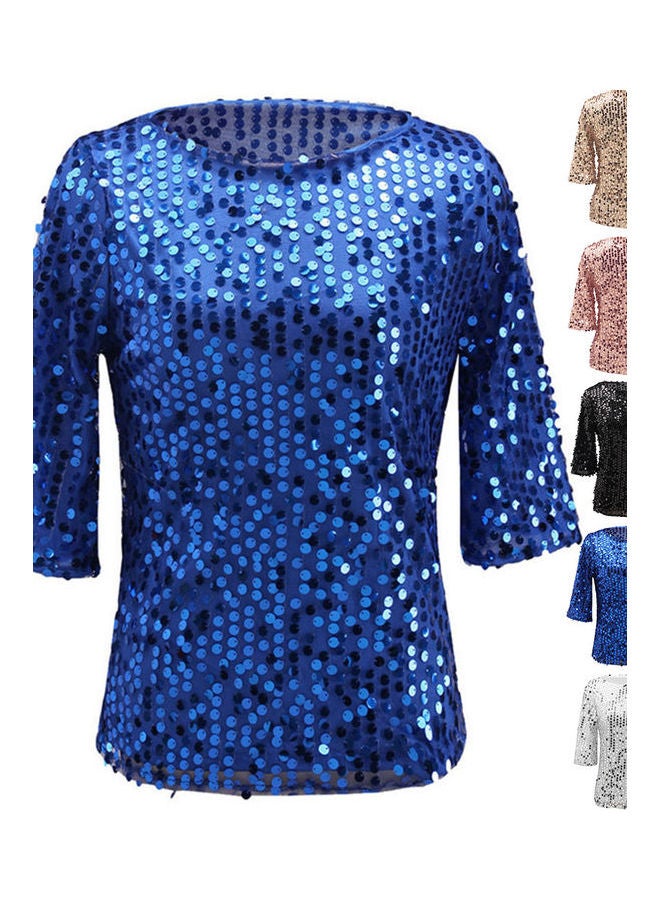 Women Solid Color O Neck Half Sleeve Sequined Blouse Plus Size Cocktail T-shirt White - Image 2