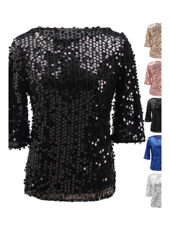 Women Solid Color O Neck Half Sleeve Sequined Blouse Plus Size Cocktail T-shirt White - Image 3