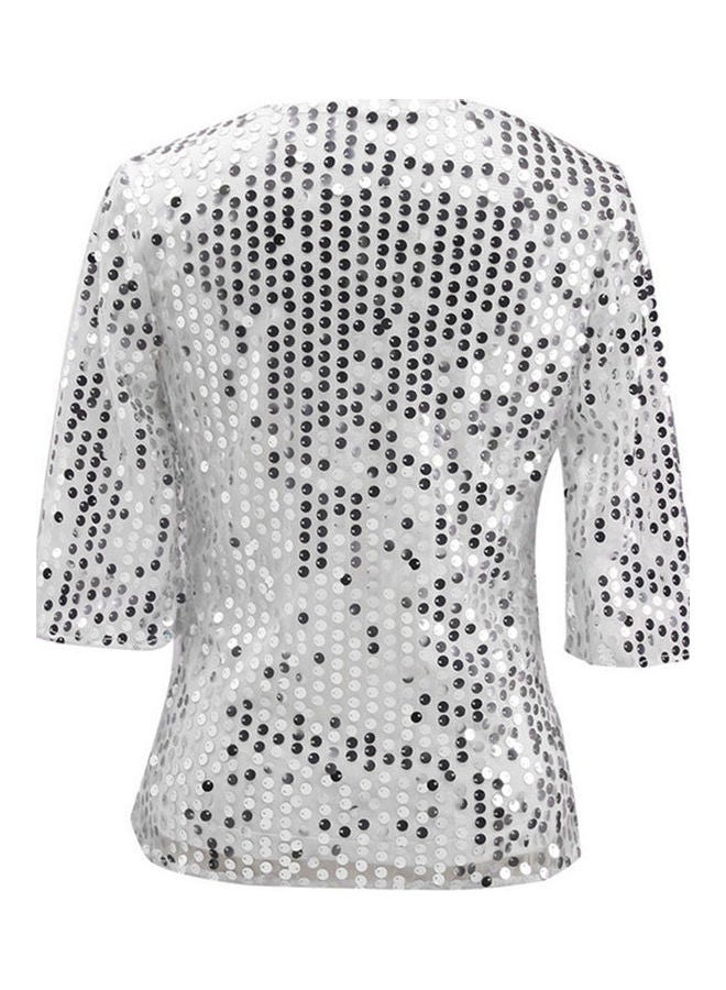 Women Solid Color O Neck Half Sleeve Sequined Blouse Plus Size Cocktail T-shirt White - Image 4
