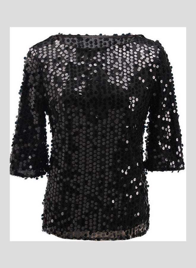 Women Solid Color O Neck Half Sleeve Sequined Blouse Plus Size Cocktail T-shirt White - Image 5