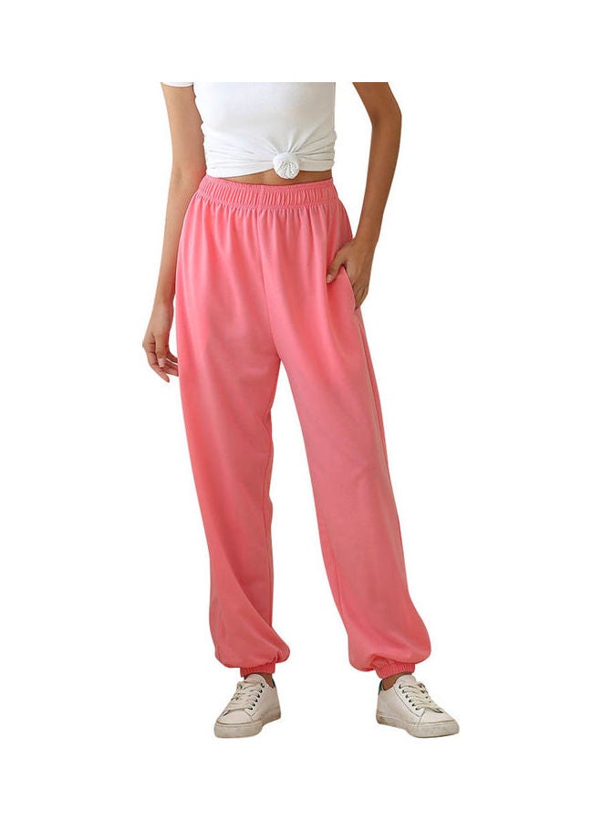 Casual Elastic High Waist Ankle Tie Thin Pants Pink
