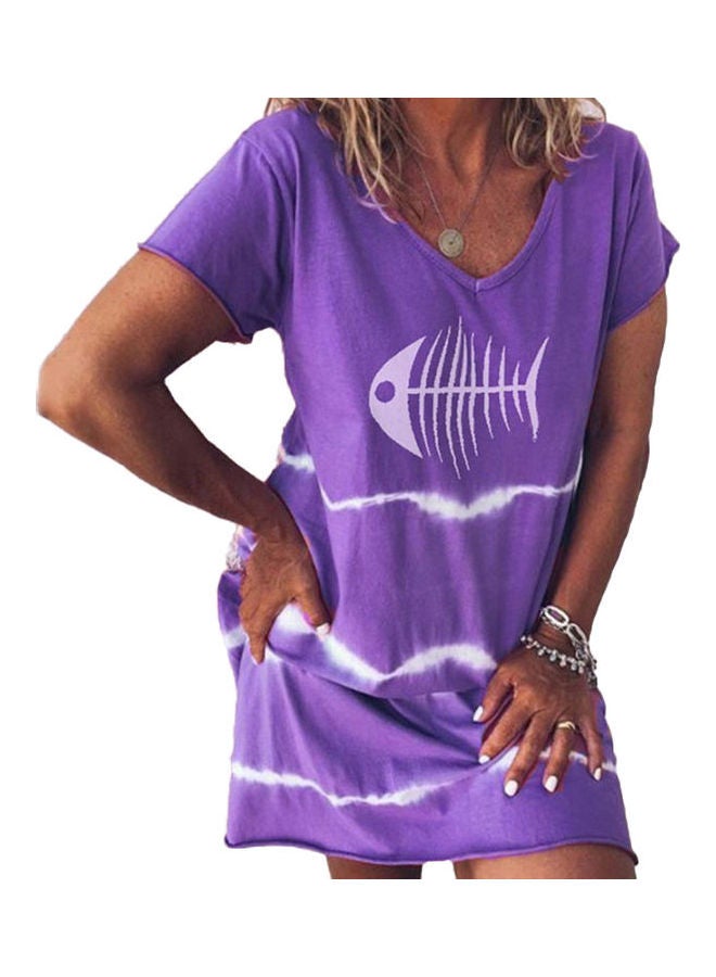 Summer Casual V-Neck Short Sleeve Fish Bone Print Beach Loose Mini Dress Purple/White