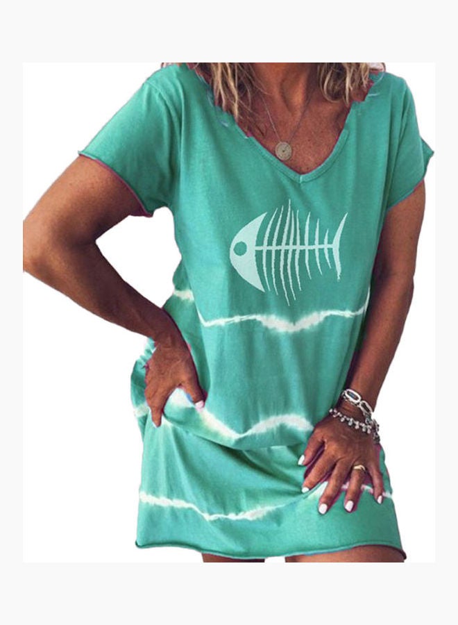 Summer Casual V-Neck Short Sleeve Fish Bone Print Beach Loose Mini Dress Light Green/White 