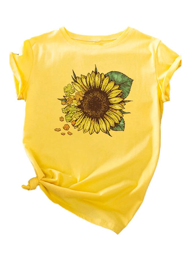 Women Casual Sunflower Print Round Neck Blouse Short Sleeve Loose Tops T-shirt Multicolour - Image 1
