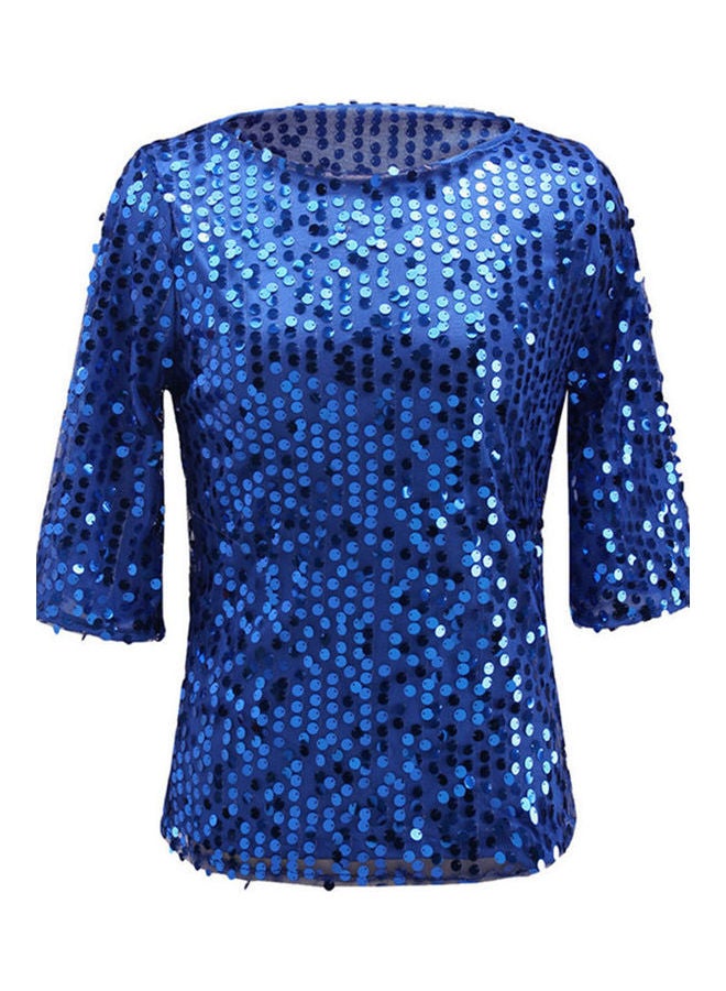 Women Solid Color O Neck Half Sleeve Sequined Blouse Plus Size Cocktail T-shirt Blue - Image 1