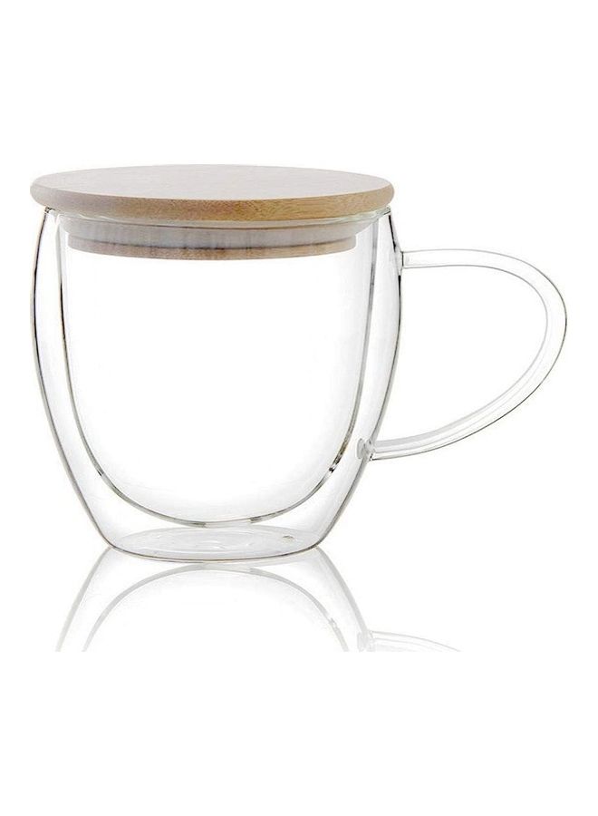 Lushh Double Walled Glass Coffee Cups with Handle and  Bamboo Lid Clear 250ml - Image 1