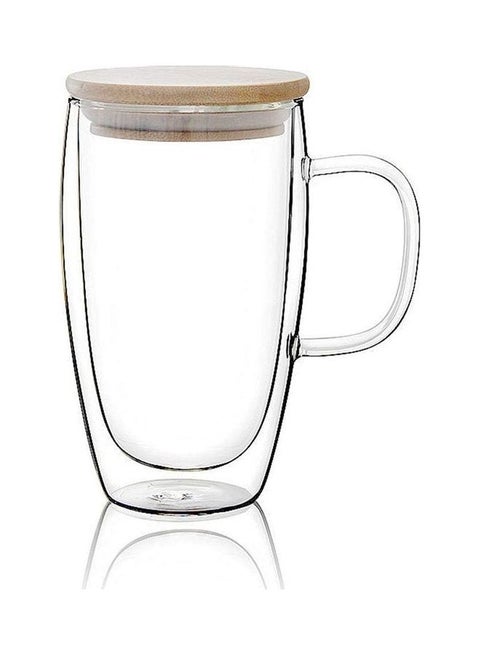 Double Walled Glass Coffee Cups with Handle and Bamboo Lid Clear 450ml