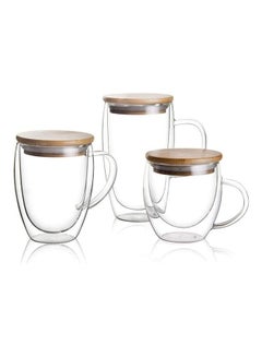 Lushh 3 Piece Double Walled Glass Coffee Cups with Handle and Bamboo Lid Clear 250/350/450ml  - Image 1