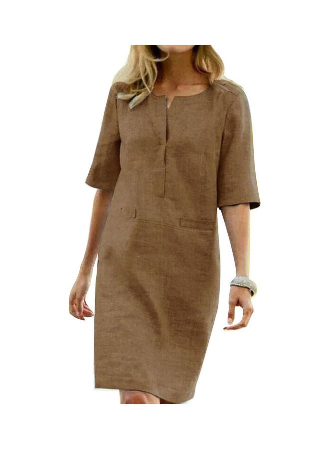 Vintage O-Neck Half Sleeve Pockets Loose Knee-Length Dress Khaki - Image 1