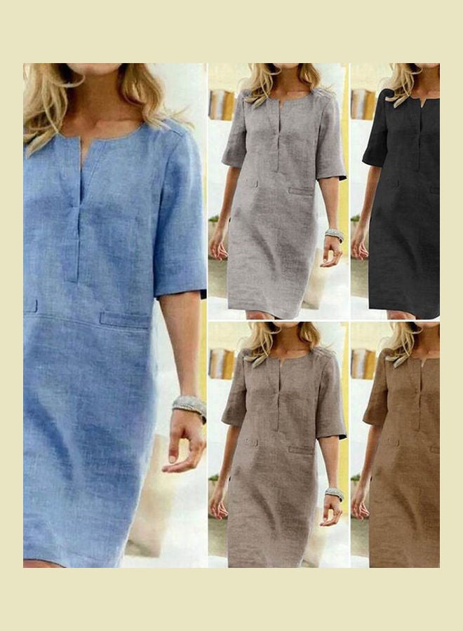 Vintage O-Neck Half Sleeve Pockets Loose Knee-Length Dress Khaki - Image 2