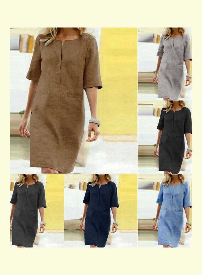 Vintage O-Neck Half Sleeve Pockets Loose Knee-Length Dress Khaki - Image 3