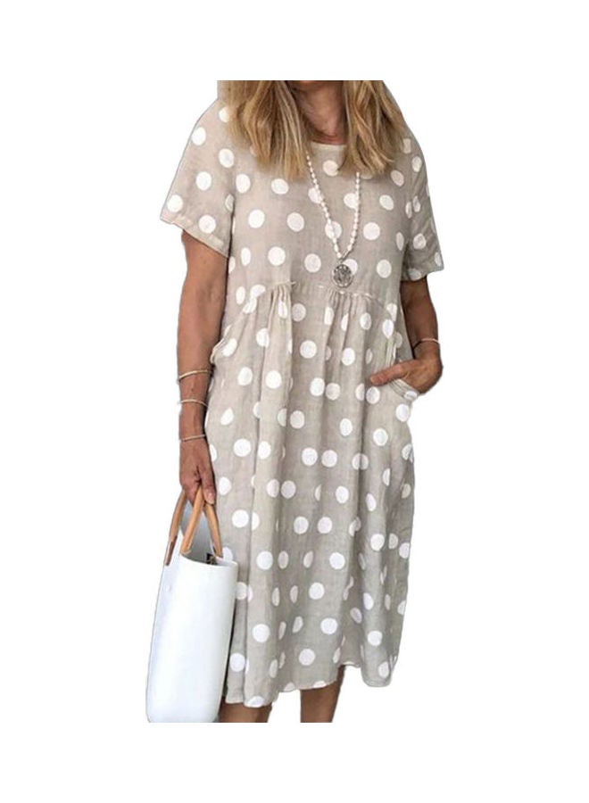 Casual O Neck Short Sleeve Polka Dots Print Hem Midi Dress Grey/White  - Image 1