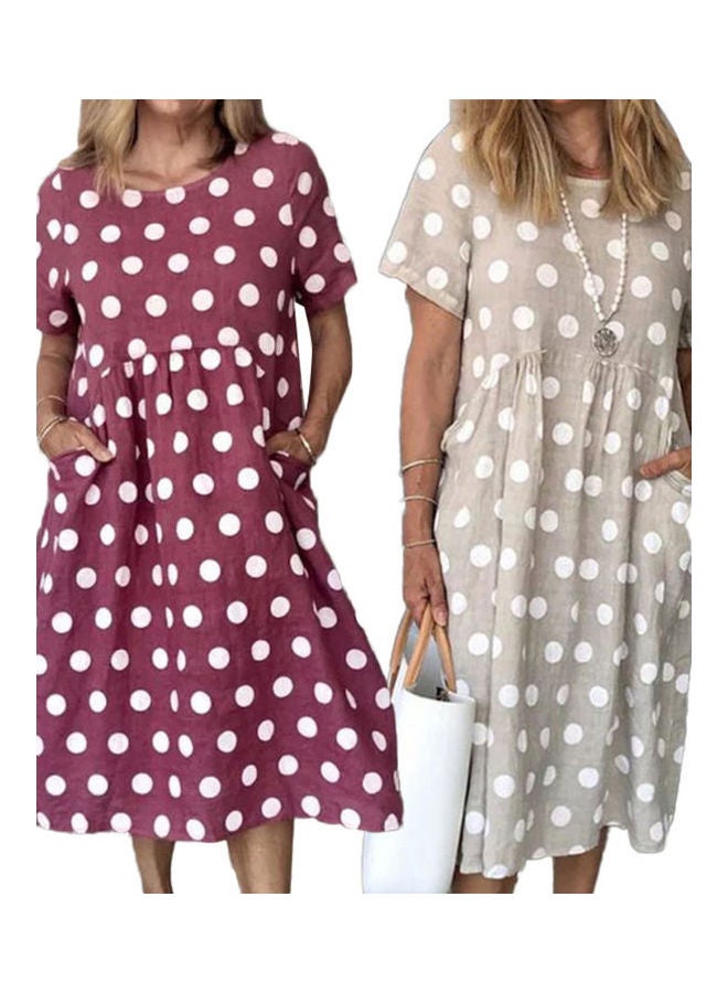 Casual O Neck Short Sleeve Polka Dots Print Hem Midi Dress Grey/White  - Image 3
