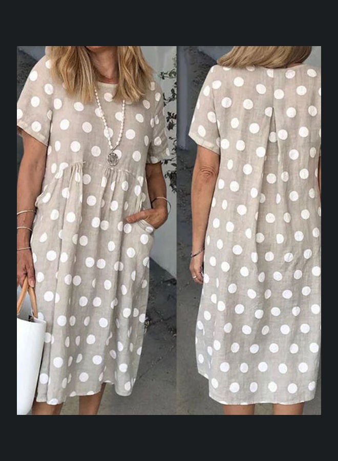 Casual O Neck Short Sleeve Polka Dots Print Hem Midi Dress Grey/White  - Image 2