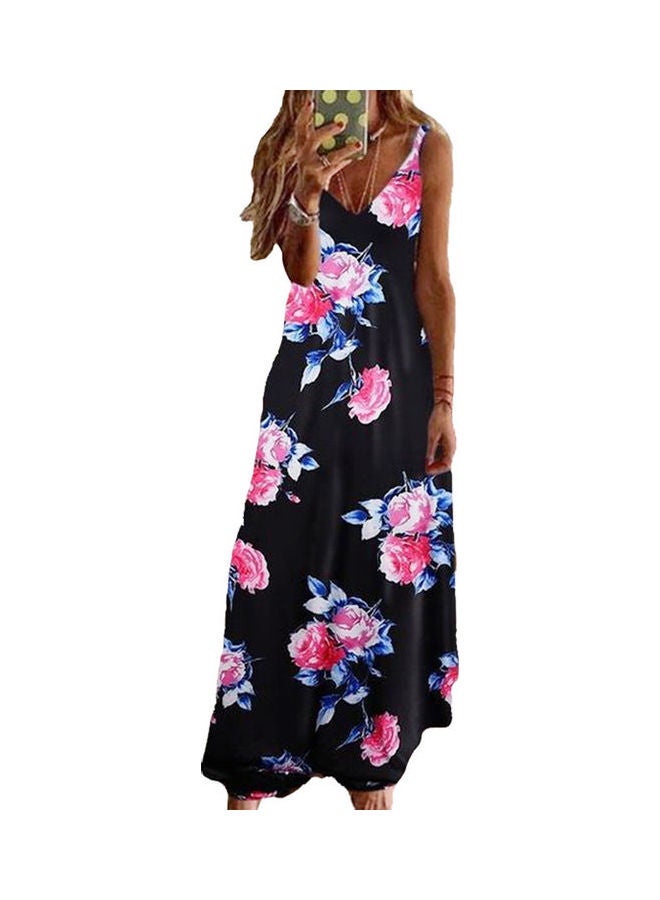 Adjustable Straps Chrysanthemum Print Large Hem V-Neck Long Sling Dress Black/Pink  - Image 2
