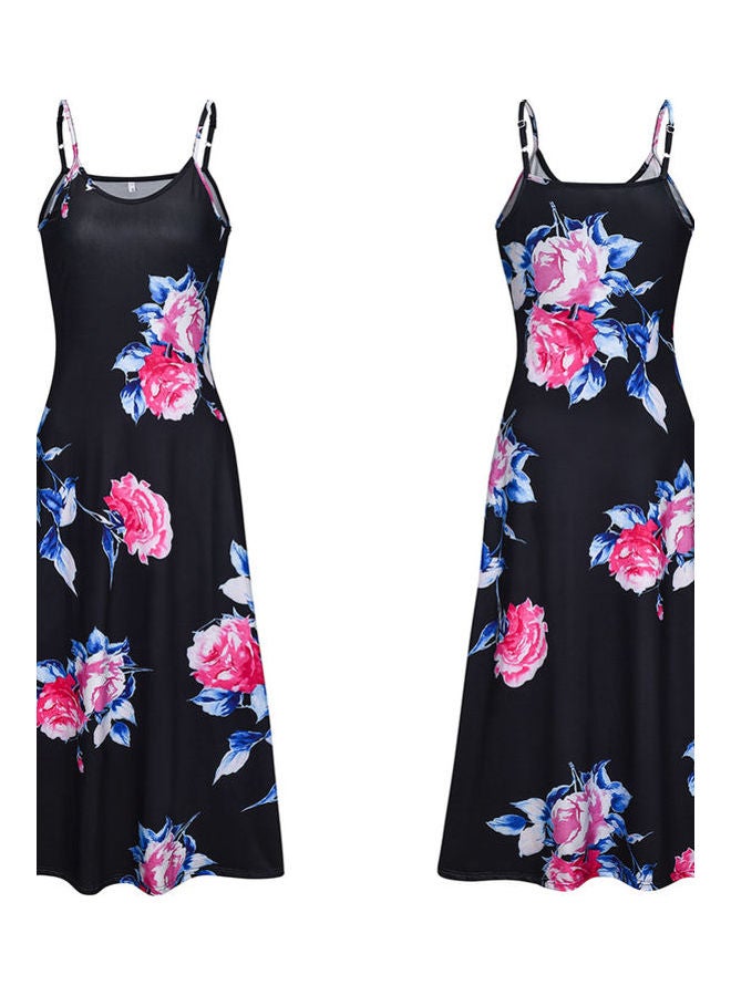 Adjustable Straps Chrysanthemum Print Large Hem V-Neck Long Sling Dress Black/Pink  - Image 1