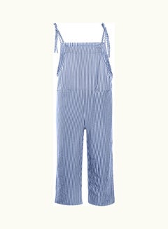 Casual Vertical Stripes Bib Overall Sleeveless Pockets Jumpsuit Blue