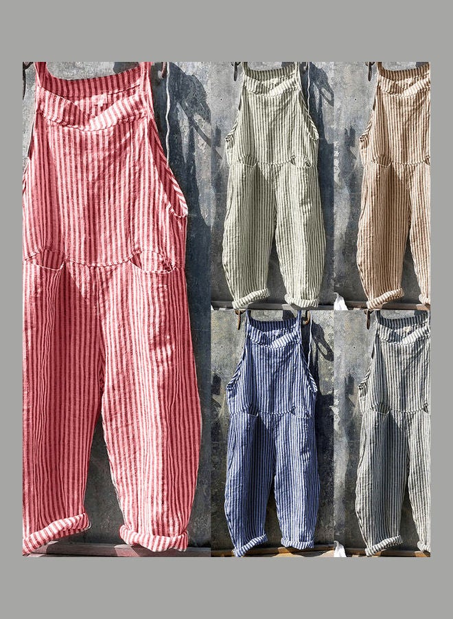 Generic - Casual Vertical Stripes Bib Overall Sleeveless Pockets Jumpsuit Blue - Image 1