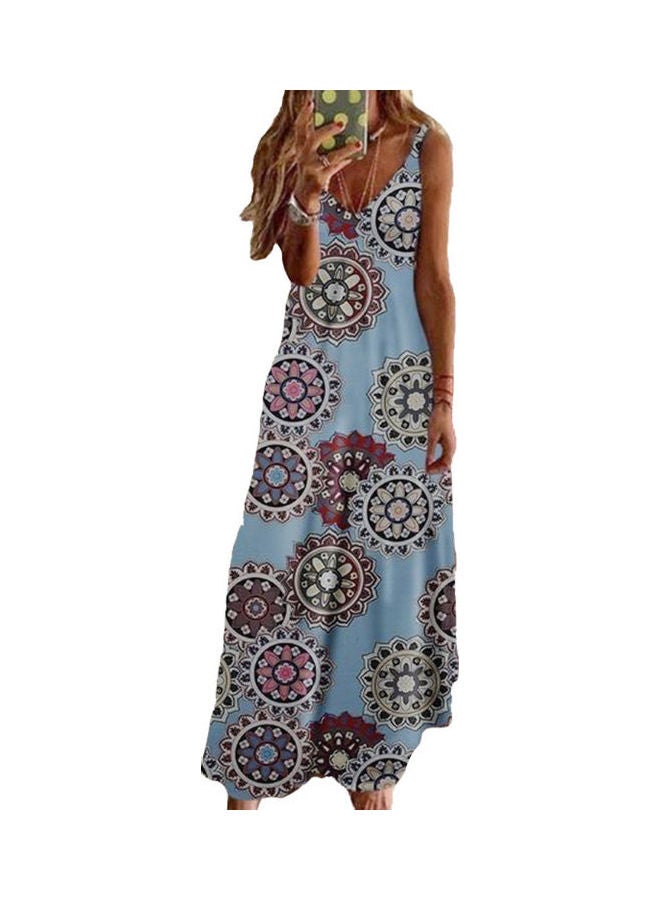 Adjustable Straps Chrysanthemum Print Large Hem V-Neck Long Sling Dress Light Blue  - Image 1