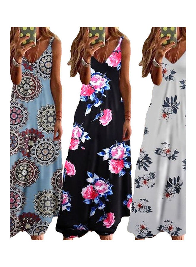 Adjustable Straps Chrysanthemum Print Large Hem V-Neck Long Sling Dress Light Blue  - Image 2