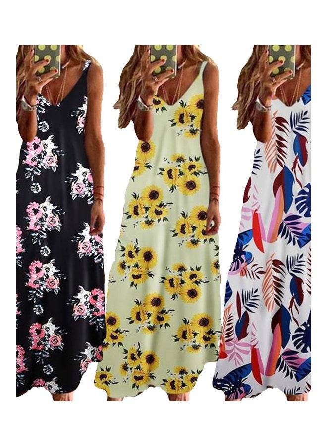 Adjustable Straps Chrysanthemum Print Large Hem V-Neck Long Sling Dress Light Blue  - Image 3