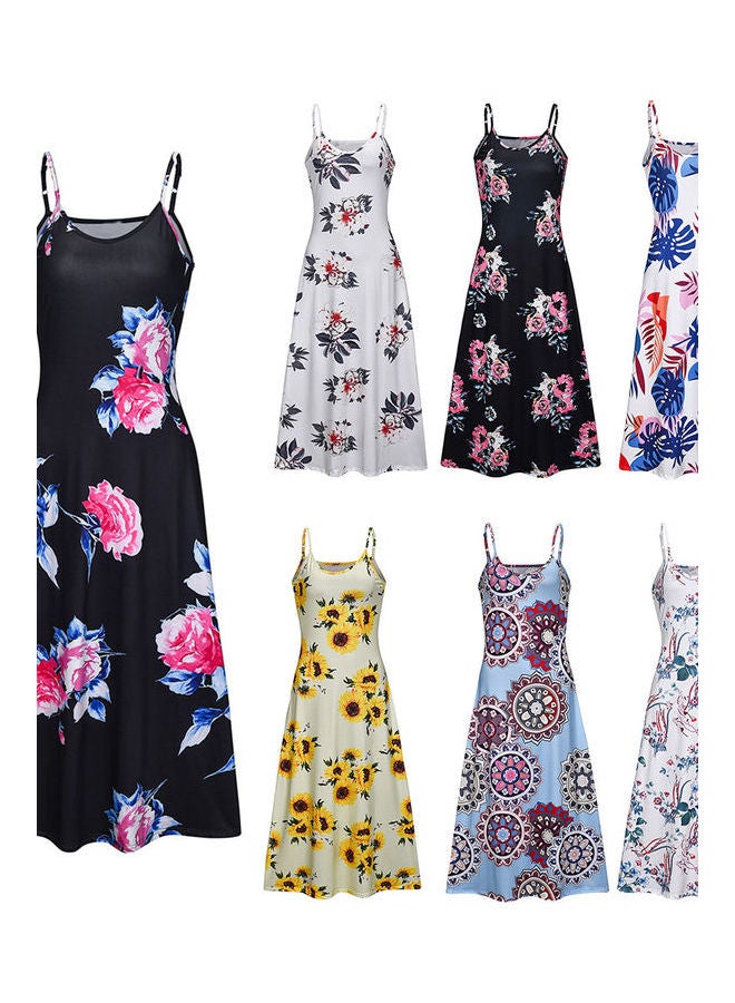Adjustable Straps Chrysanthemum Print Large Hem V-Neck Long Sling Dress Light Blue  - Image 4