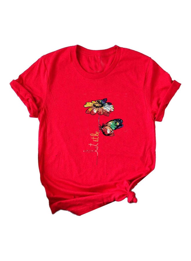 O Neck Short Sleeve Flower Butterfly Print Loose Blouse Top Red