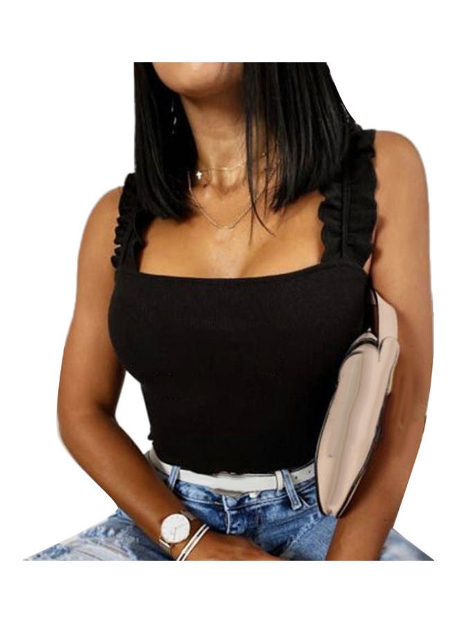 Ruffled Straps Backless Slim Blouse Top Black - Image 1