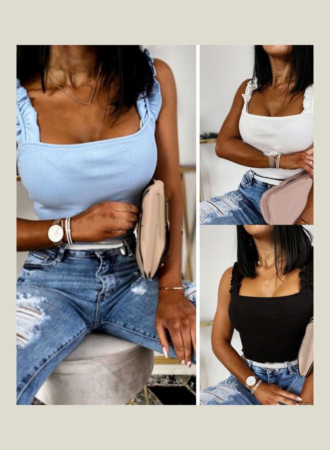 Ruffled Straps Backless Slim Blouse Top Black - Image 2