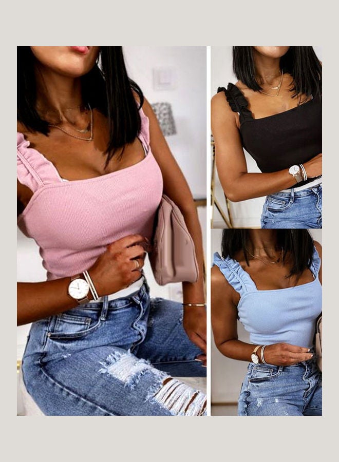 Ruffled Straps Backless Slim Blouse Top Black - Image 3