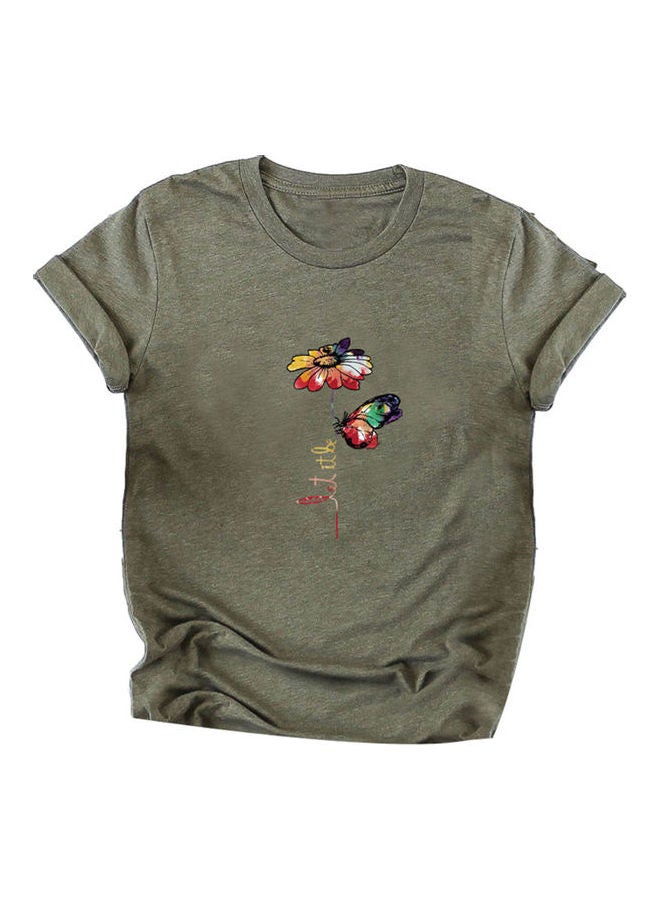 O Neck Short Sleeve Flower Butterfly Print Loose Blouse Top Army Green