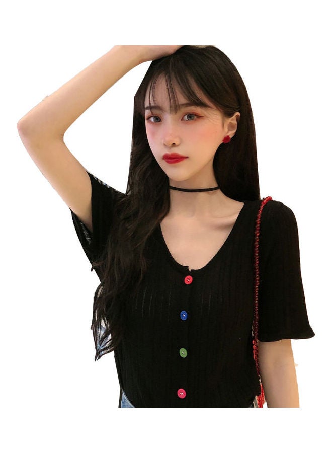 Women Ribbed Thin Blouse Black - Image 1