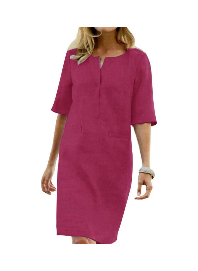Vintage O-Neck Half Sleeve Pockets Loose Knee-Length Dress Rose Red  - Image 1