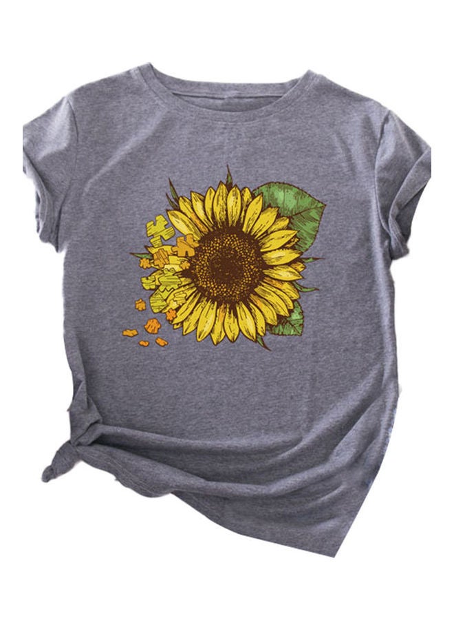 Women Casual Sunflower Print Round Neck Blouse Short Sleeve Loose Tops T-shirt Grey,Yellow,Green