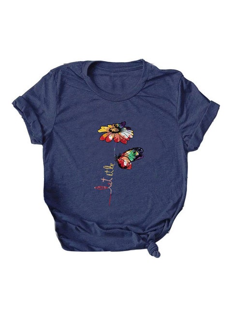 Flower Butterfly Printed Loose Top Blue