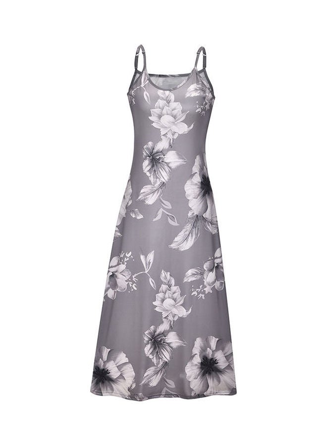 Casual Sleeveless Adjustable Strap Floral Print Long Sling Dress Grey/White