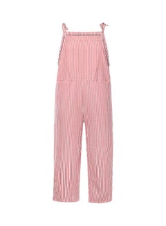 Casual Vertical Stripes Bib Overall Sleeveless Pockets Jumpsuit Red